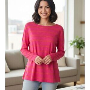 NWT LOFT Size XL Blouse Long Sleeve Tee Pink Stripes 100% Cotton Casual Chic $29